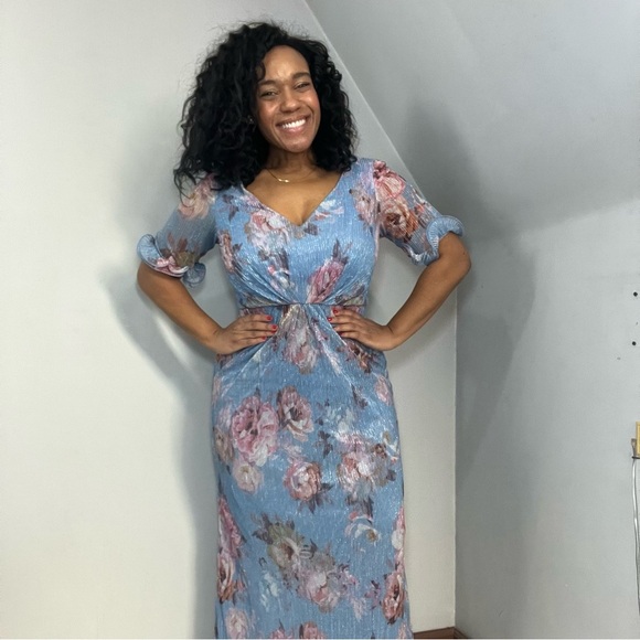 Adrianna Papell blue floral evening gown cocktail formal dress MOB black tie 12 - Picture 15 of 15